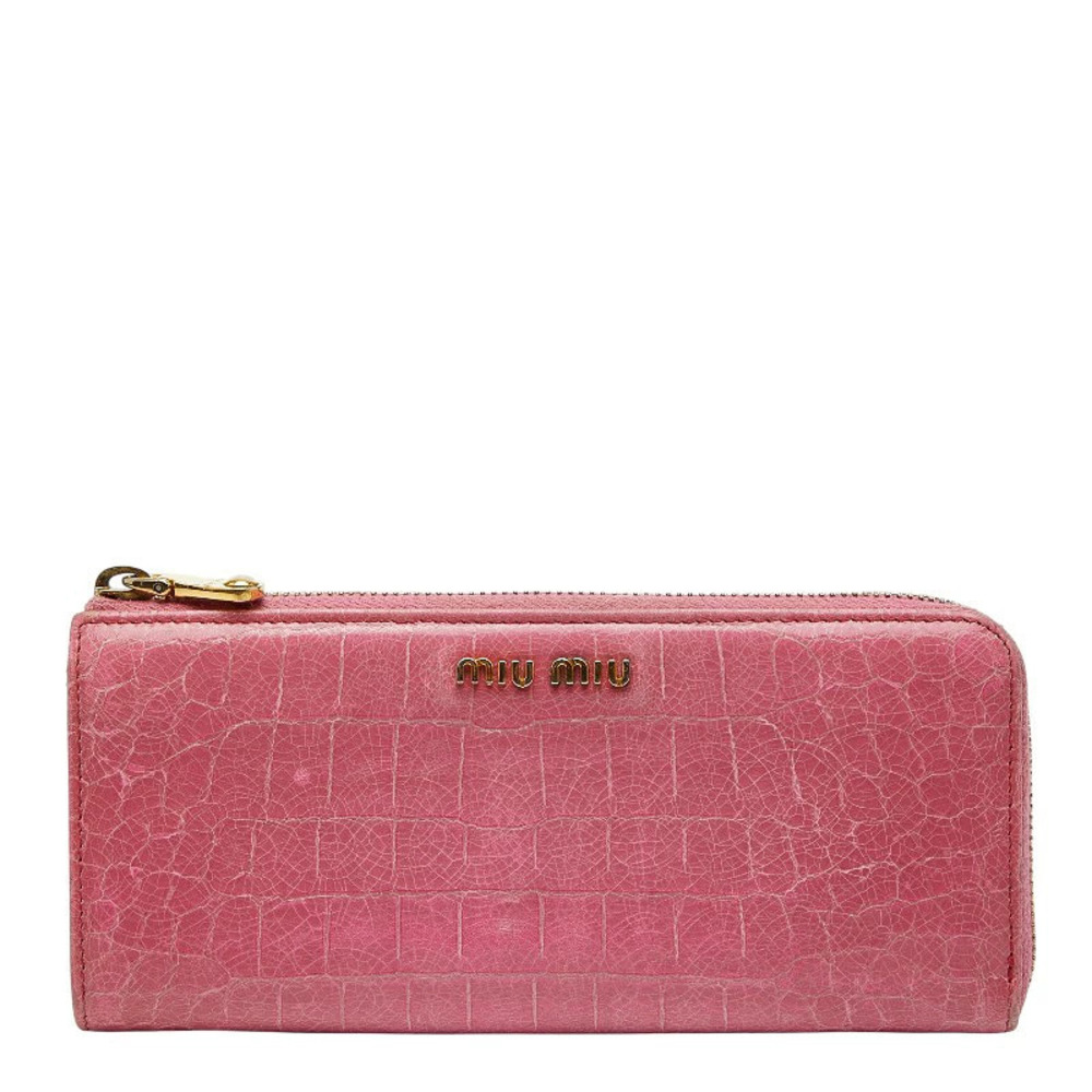 Miu Miu pink croc embossed leather zip around long wallet